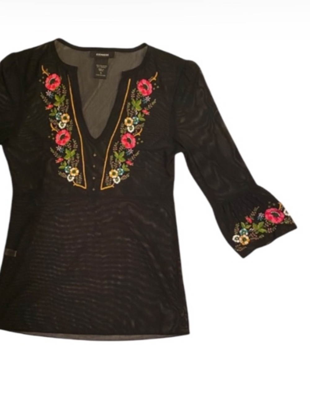 NWOT Express Black Mesh V-Neck Stunning Vibrant Floral Embroidered Tunic Top ⭐️